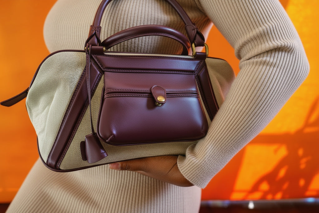 The Bea structured leather tote with canvas. Woman holding bag- Front view  