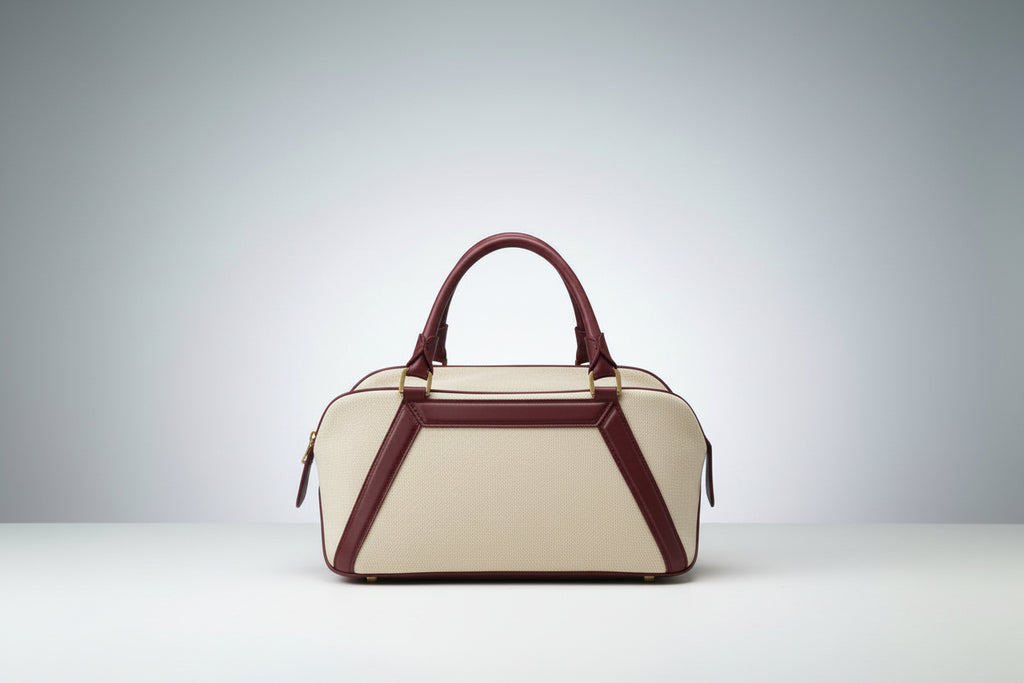 The Bea structured leather tote with canvas.Color cranberry and buttercream - back view  