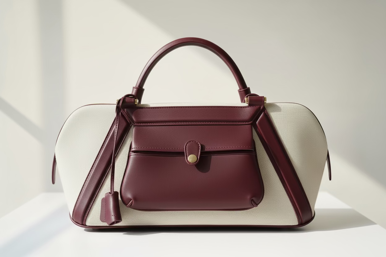 The Bea structured leather tote with canvas. Color cranberry and buttercream- Front view  
