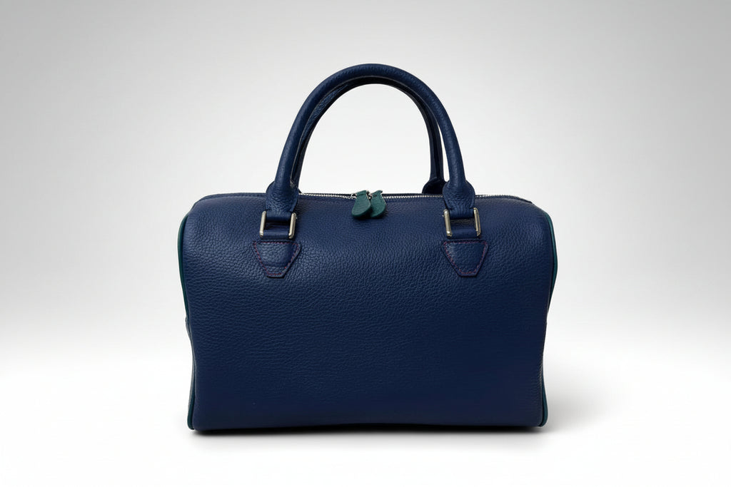The Cassie handmade leather handbag in blueberry- front view