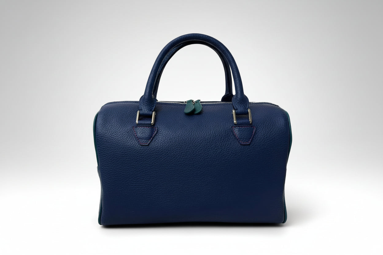 The Cassie handmade leather handbag in blueberry- front view