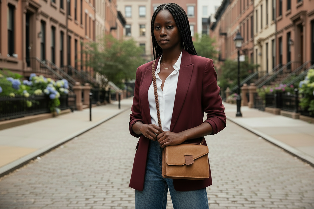 The Terry luxury handmade leather tote in chai Italian leather. Worn crossbody- front view.