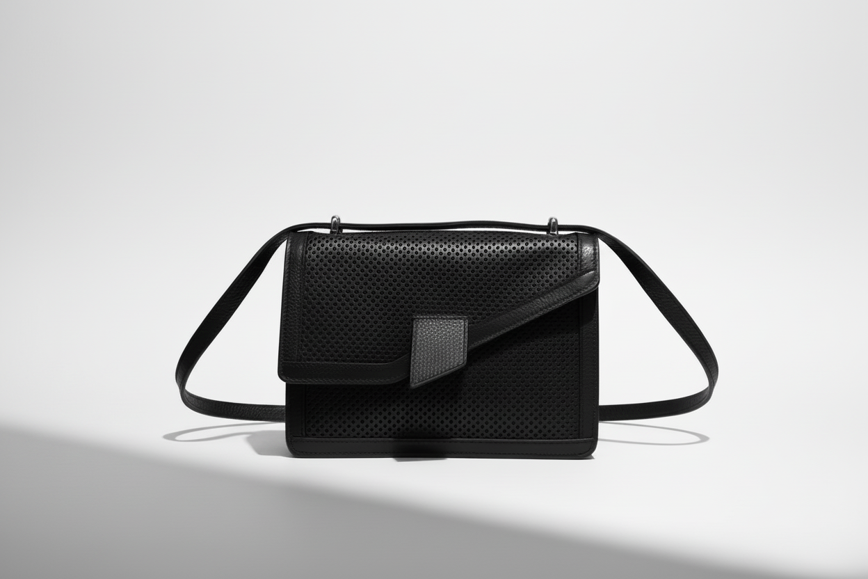 The Terry luxury handmade leather tote in Onyx preforated Italian leather - front view