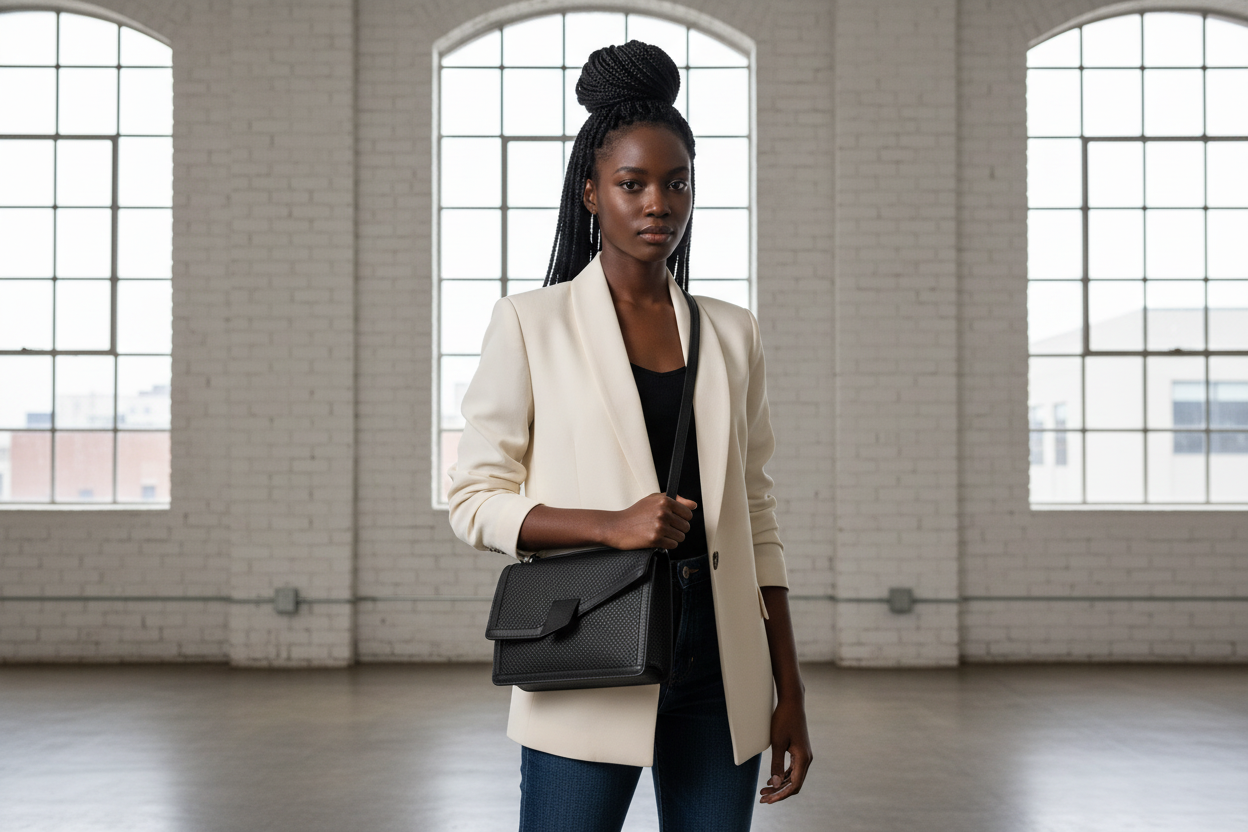 The Terry luxury handmade leather tote in Onyx preforated Italian leather. Worn crossbody on a woman- front view