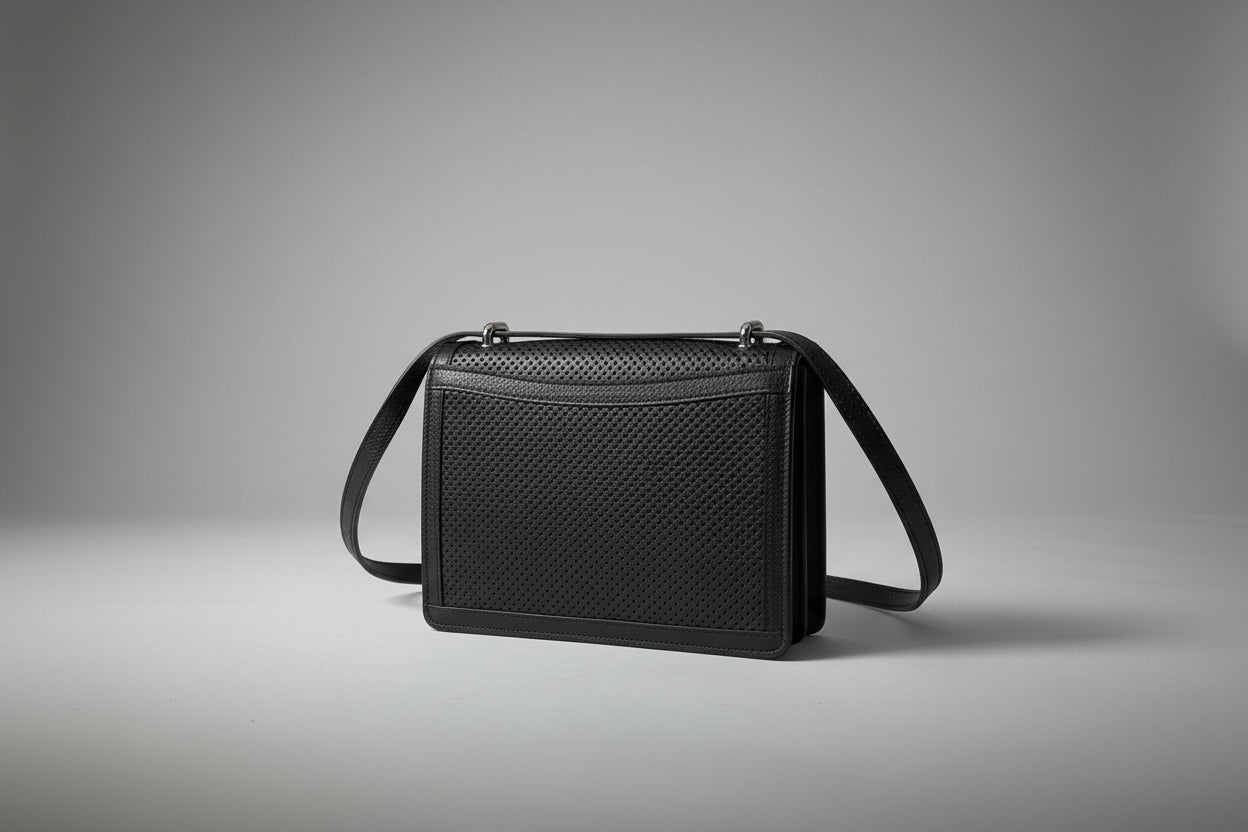 The Terry luxury handmade leather tote in Onyx preforated Italian leather - back view