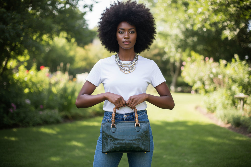 The Gabby Italian leather handbag in mock croc leather, bamboo handles in the color dark money green, Being held by a woman- front view