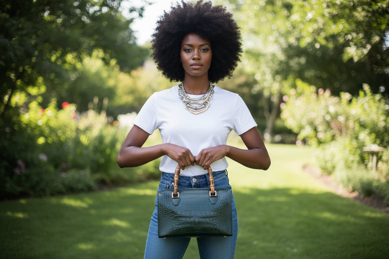 The Gabby Italian leather handbag in mock croc leather, bamboo handles in the color dark money green, Being held by a woman- front view